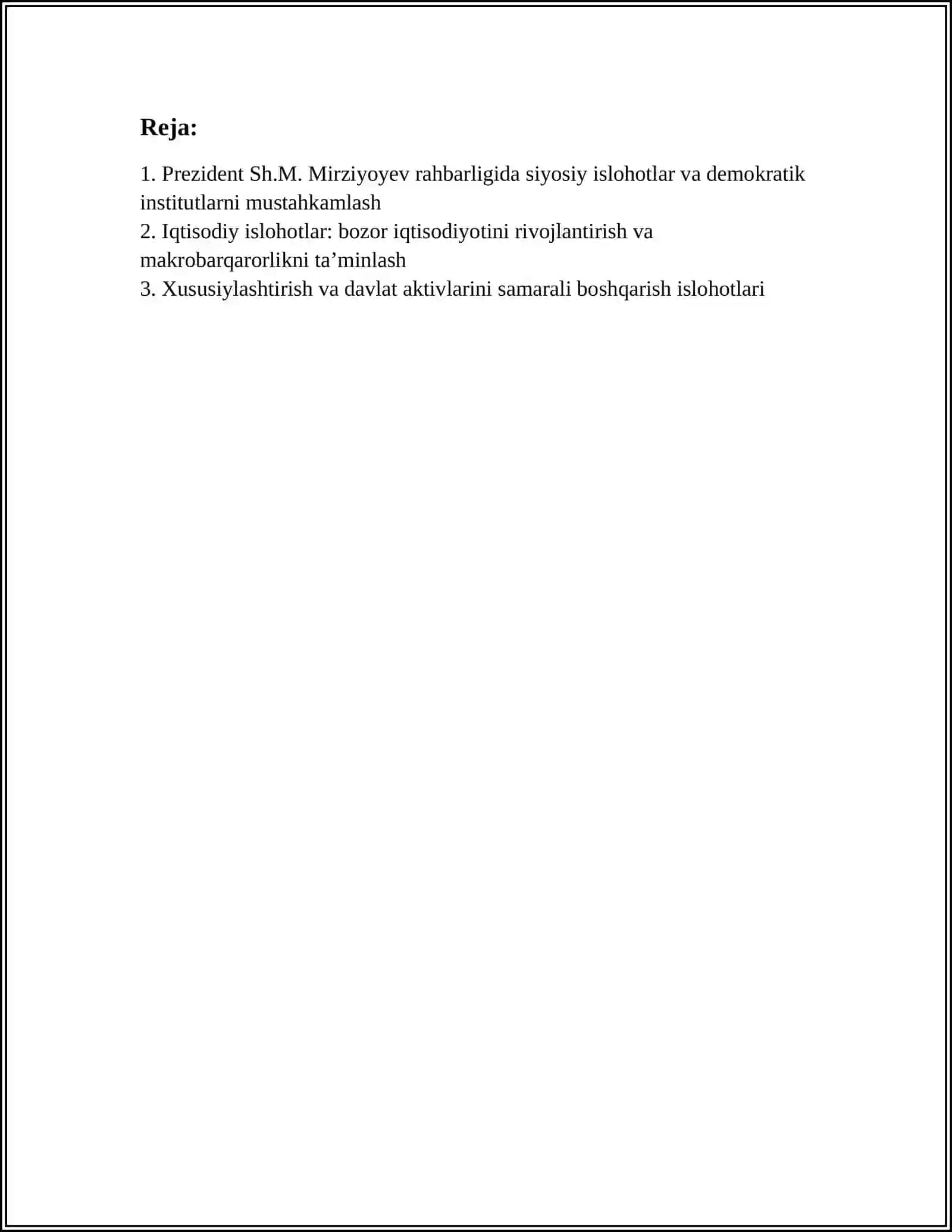 YANGI OʻZBEKISTONDA PREZIDENT SH.M MIRZIYOYEV RAHBARLIGI VA TASHABUSI OSTIDA AMALGA OSHIRILGAN ISLOHATLAR 2