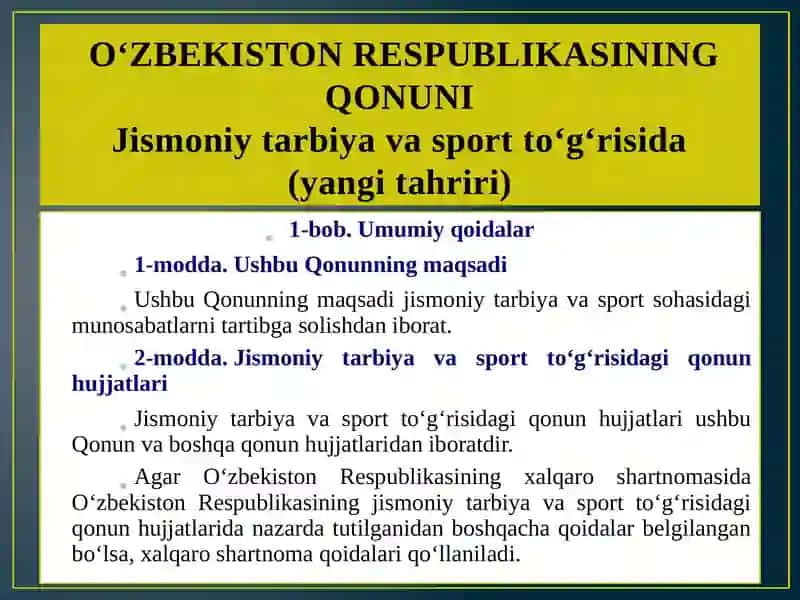 O‘zbekiston Respublikasida jismoniy tarbiya va sport tashkilotlarini boshqarishning xuquqiy asoslari 2