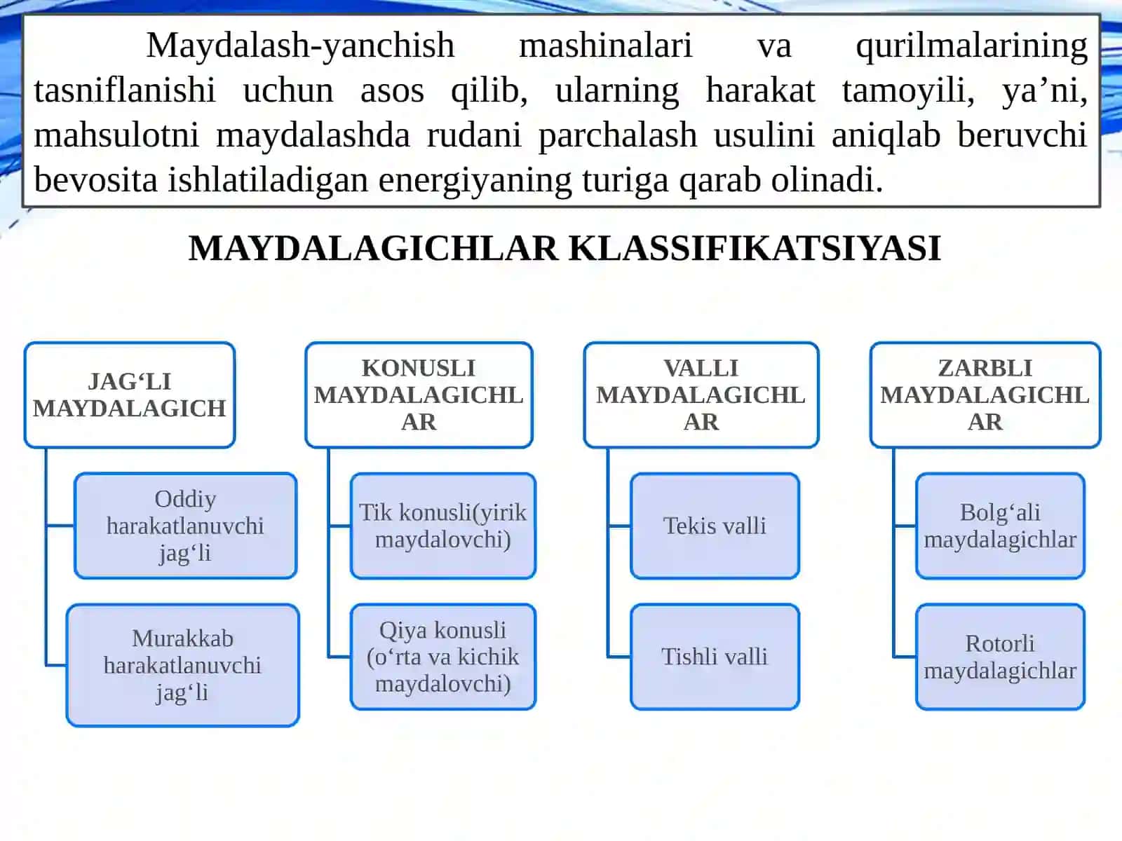 MAVZU. MAYDALASH MASHINALARINING TASNIFI VA ULARNING ISHLASHPRINSIPLARI 2