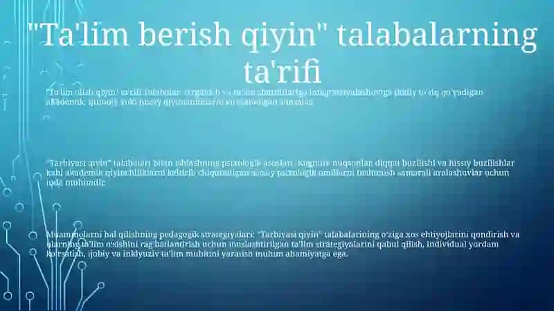 "Tarbiyasi Qiyin" OʻQuvchilar Bilan Ishlashning Psixalagik Asoslari 2