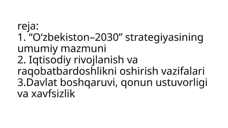 “O‘zbekiston-2030” strategiyasi va unda belgilangan vazifalarning asosiy mazmuni 2