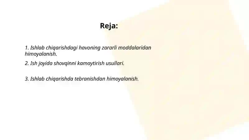 Ishlab chiqarishning noqulay muhit sharoitlari bilan ishlashda kasb kasalliklarni oldini olish 2