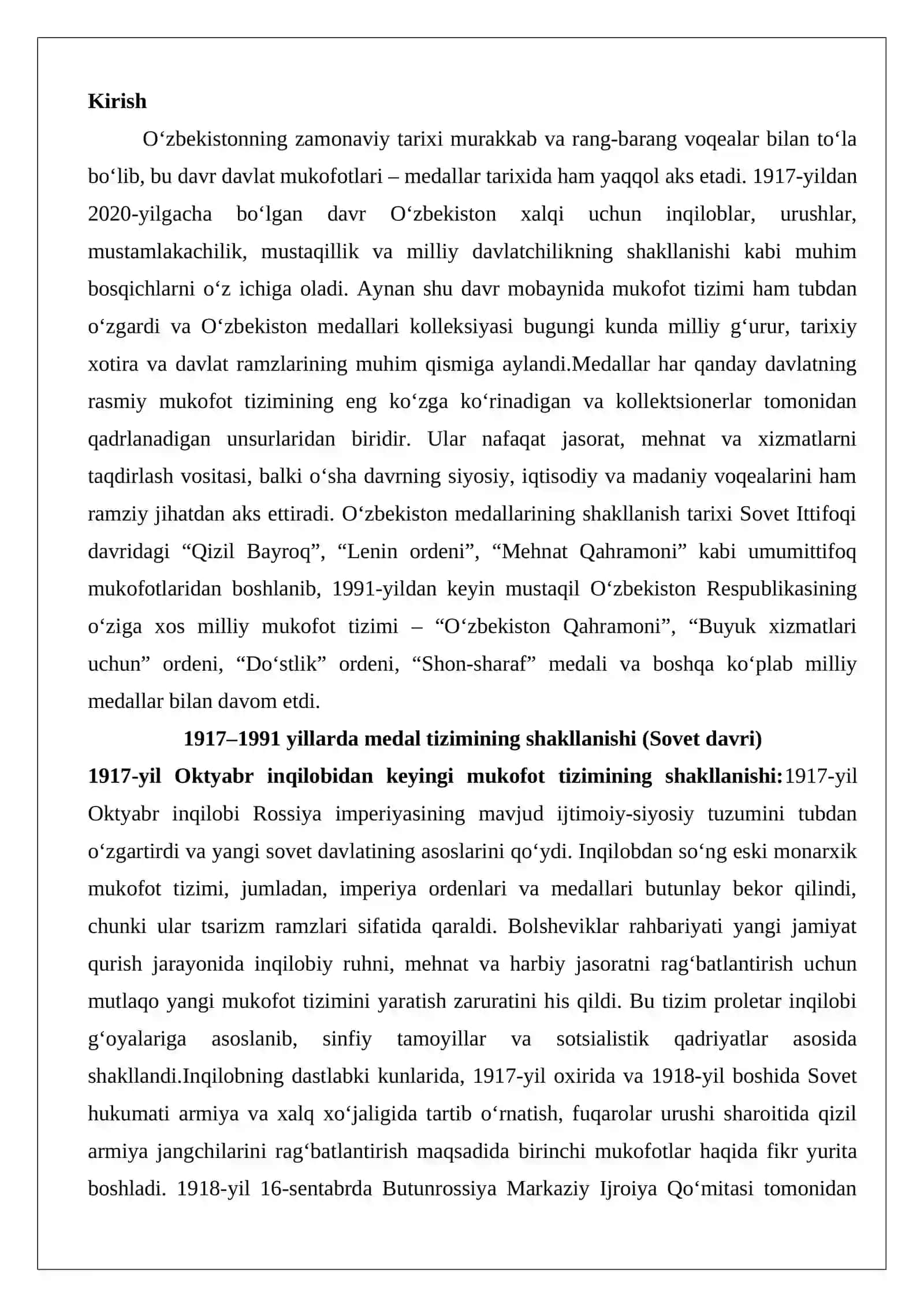 O‘zbekiston medallari kolleksiyasini shakllantirish (1917–2020) 2