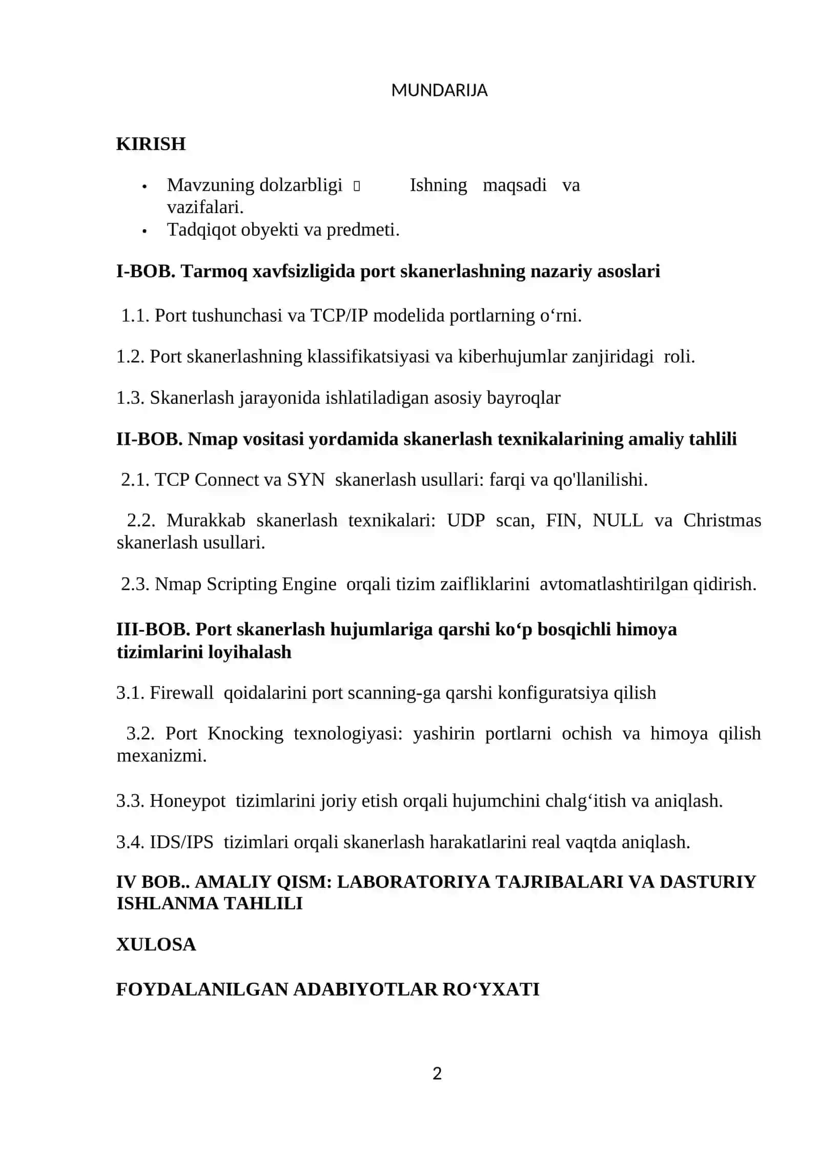 PORT SCANNING USULLARI, ULARNING TAHLILI VA KO‘P BOSQICHLI HIMOYA TIZIMLARINI ISHLAB CHIQISH 2