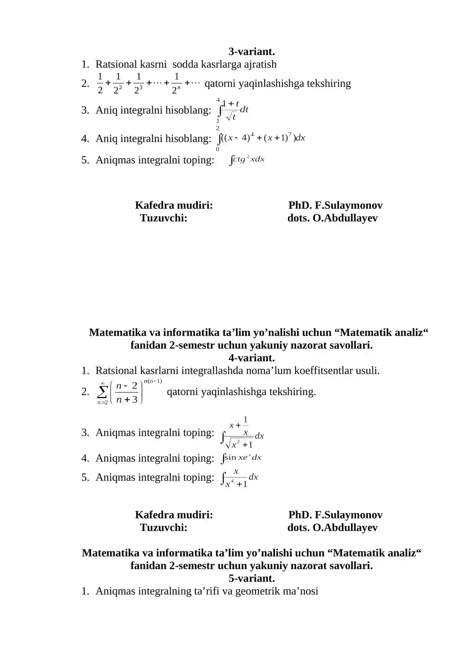 Matematik analiz fanidan 2-semestr uchun yakuniy nazorat savollari 2