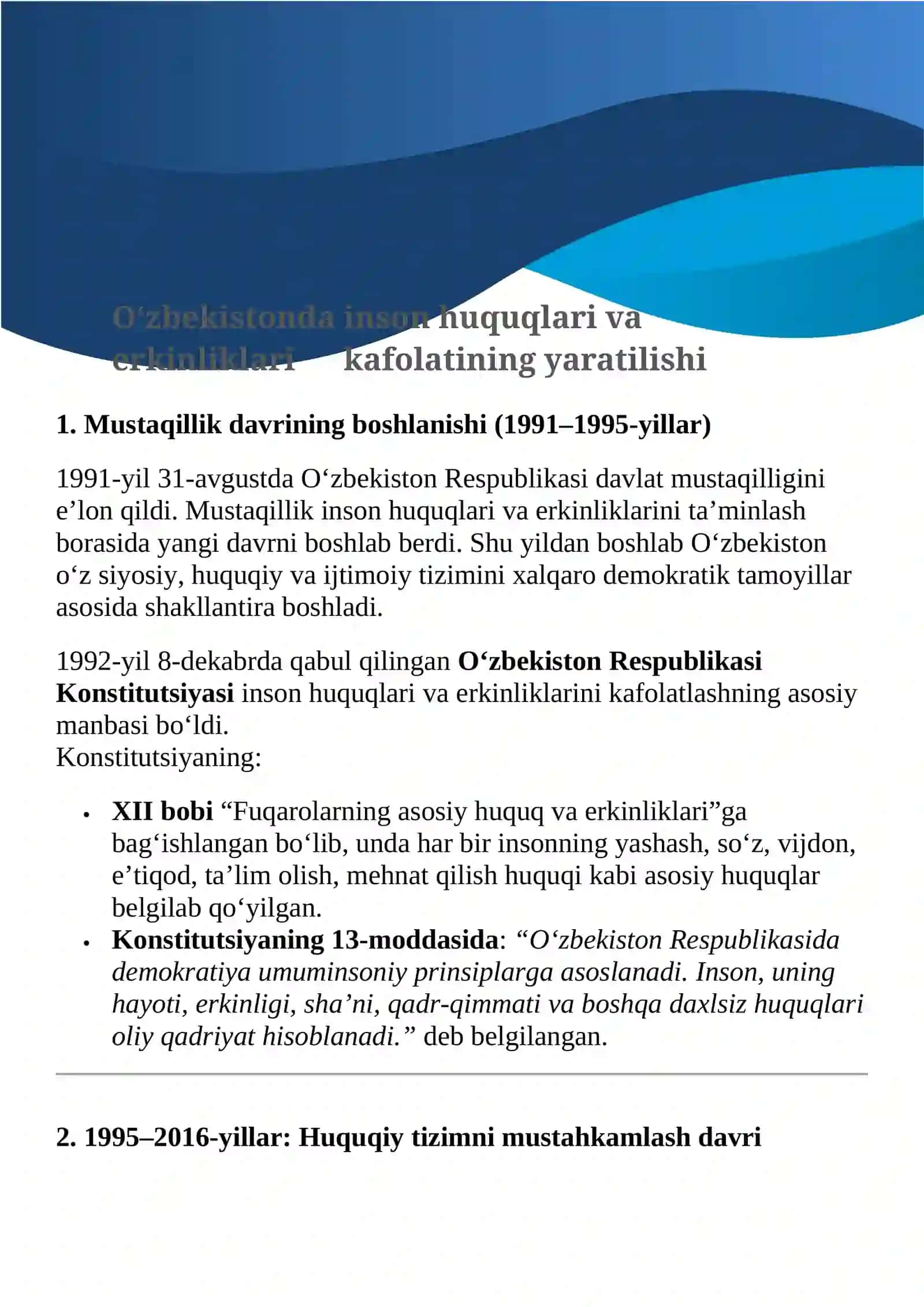 O’zbekistonning eng yangi tarixi fanidan yozgan topshirig’i 2