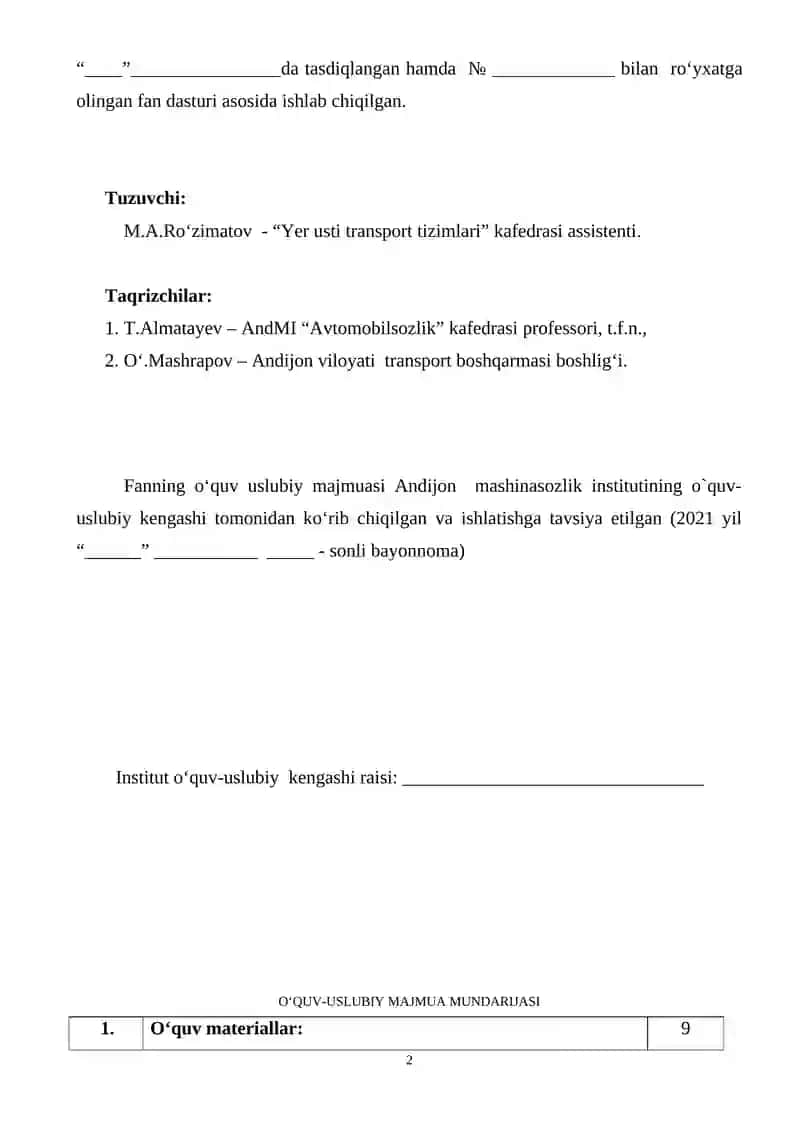 TRANSPORT VOSITALARIDA QO‘LLANILADIGAN NOMETALL MATERIALLAR fanidan O‘QUV-USLUBIY MAJMUA 2