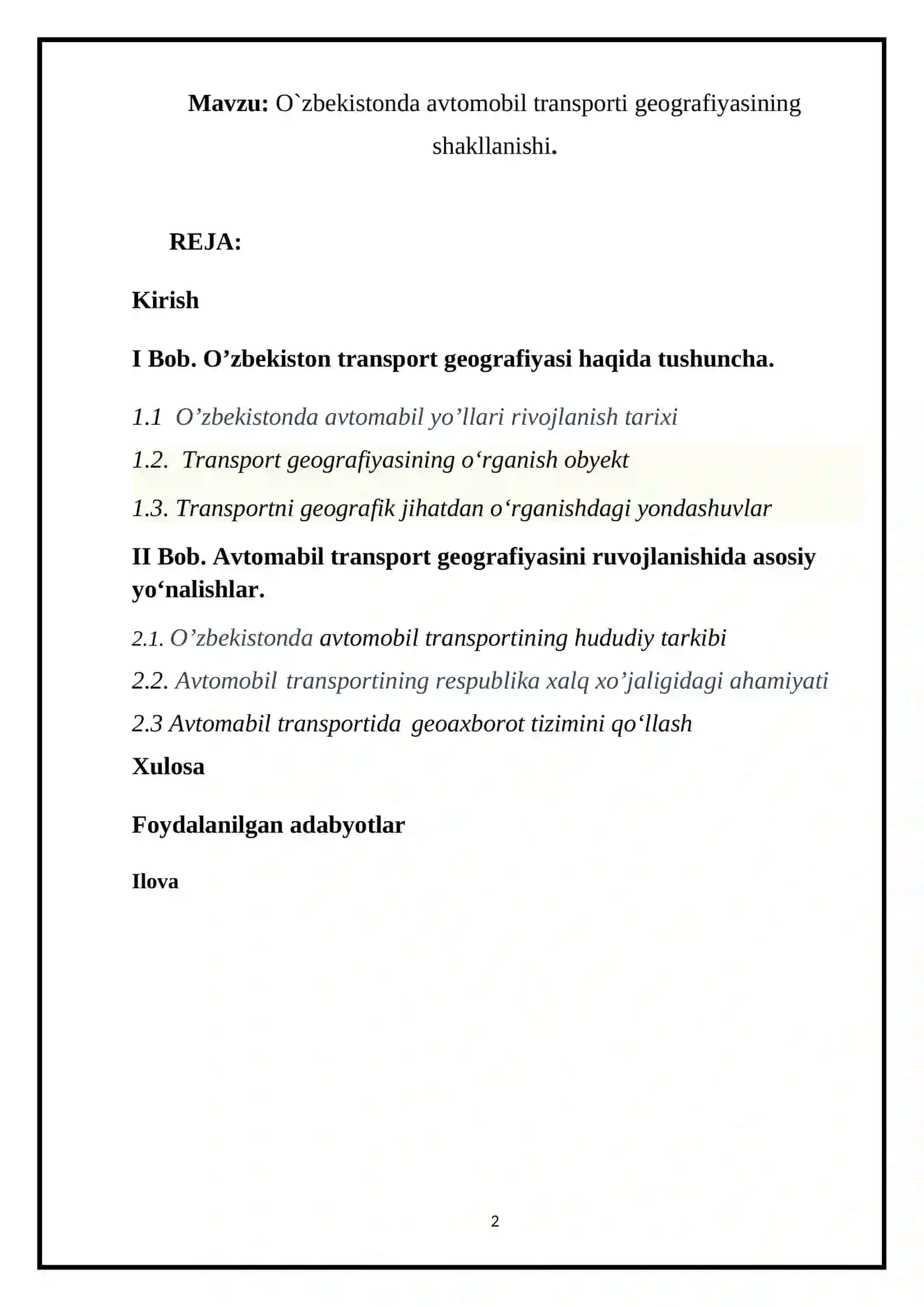 O`zbekistonda avtomobil transporti geografiyasining shakillanishi. KURS LOYIHASI 2