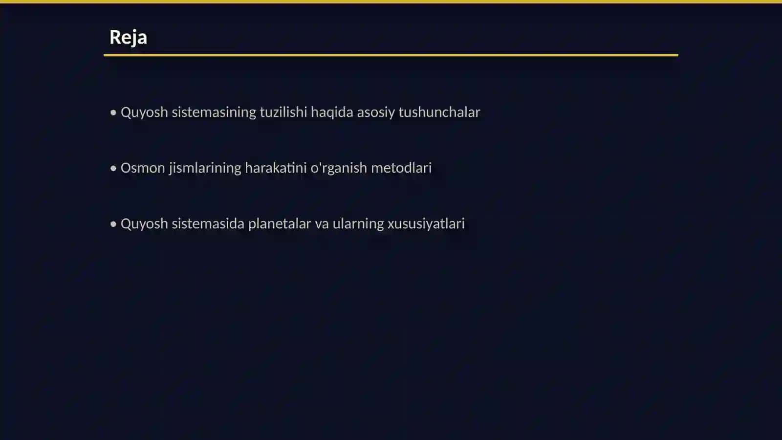 Quyosh sistemasining tuzilishi va osmon jismlarining harakati Bobini oʻqitish metodikasi 2