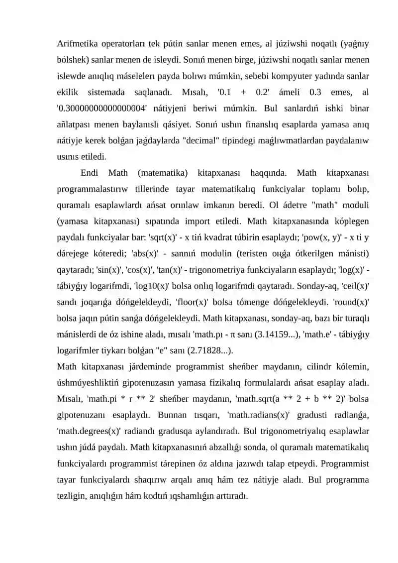 Arifmetika operatorlar. Math biblotekasi 2