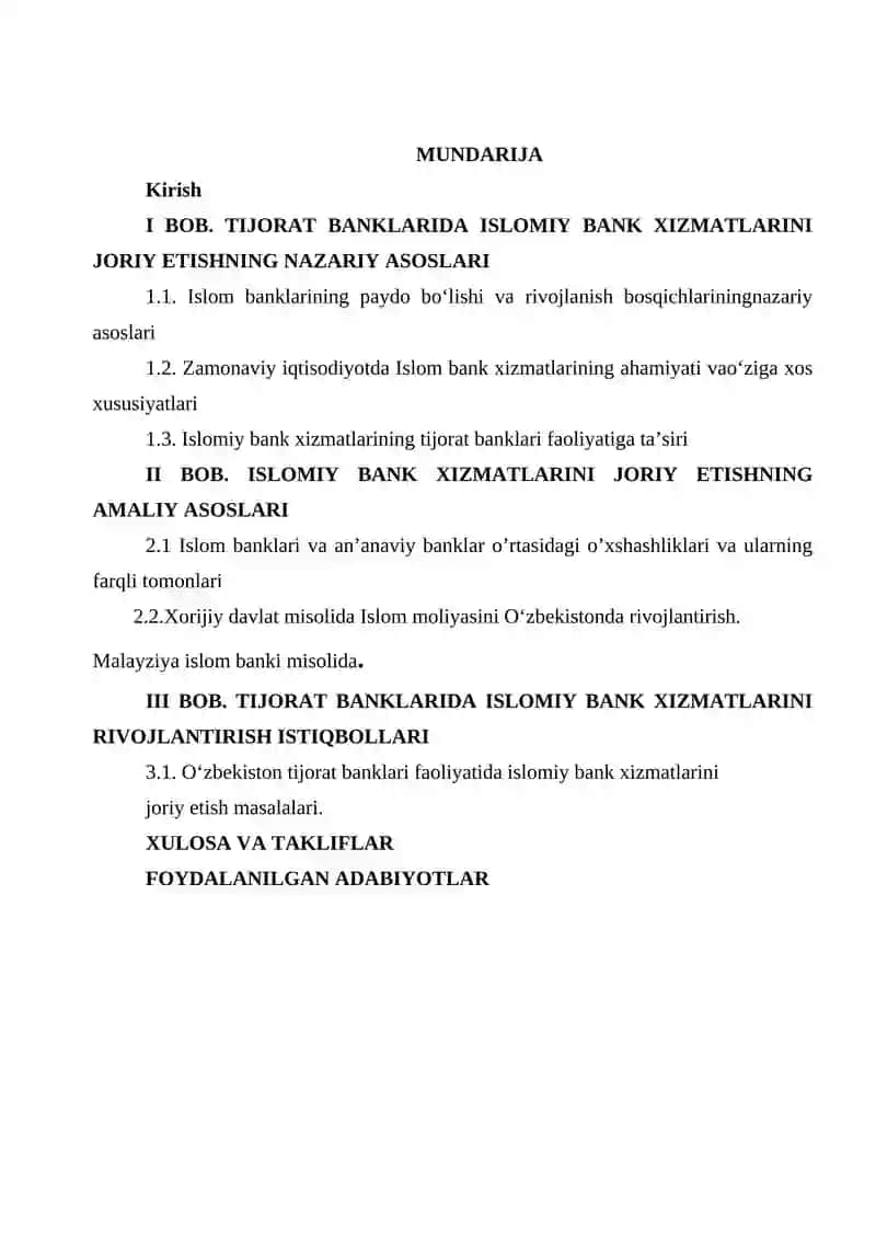 Tijorat banklarida islom bank hizmatlarini joriy etish kurs ishi. 2