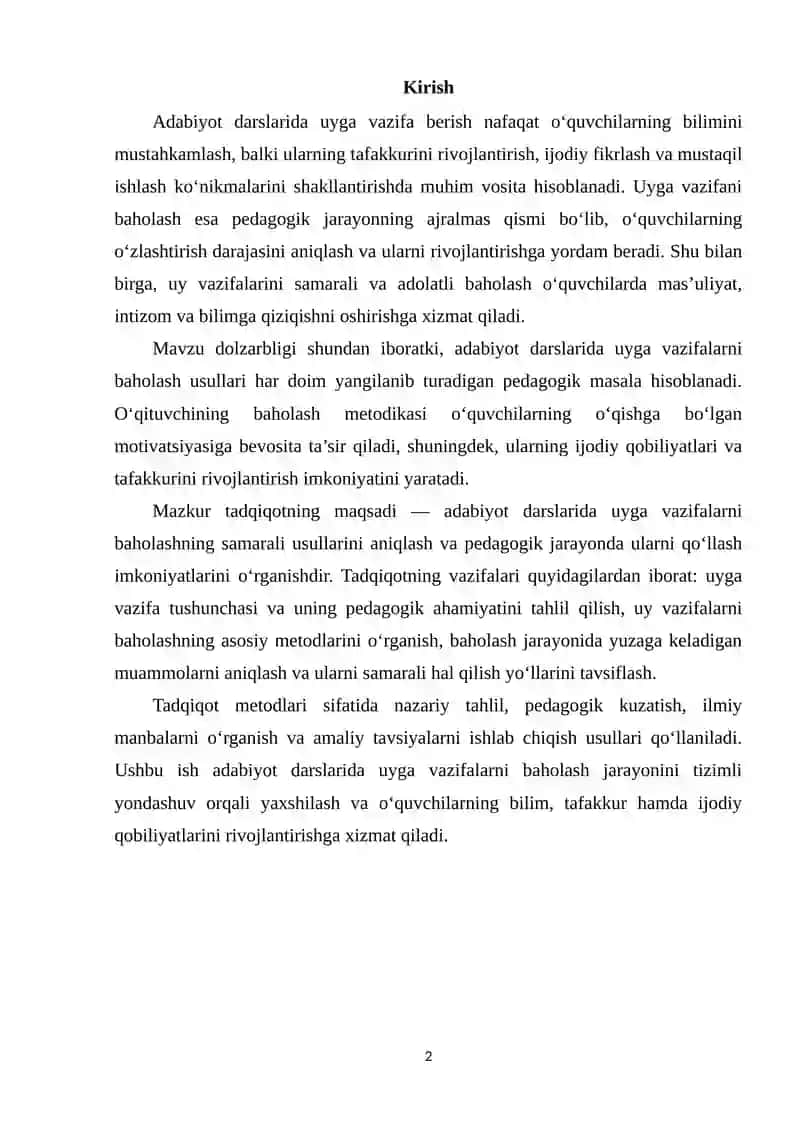 Adabiyot darslarida uyga vazifalarni baholash yo‘llari 2