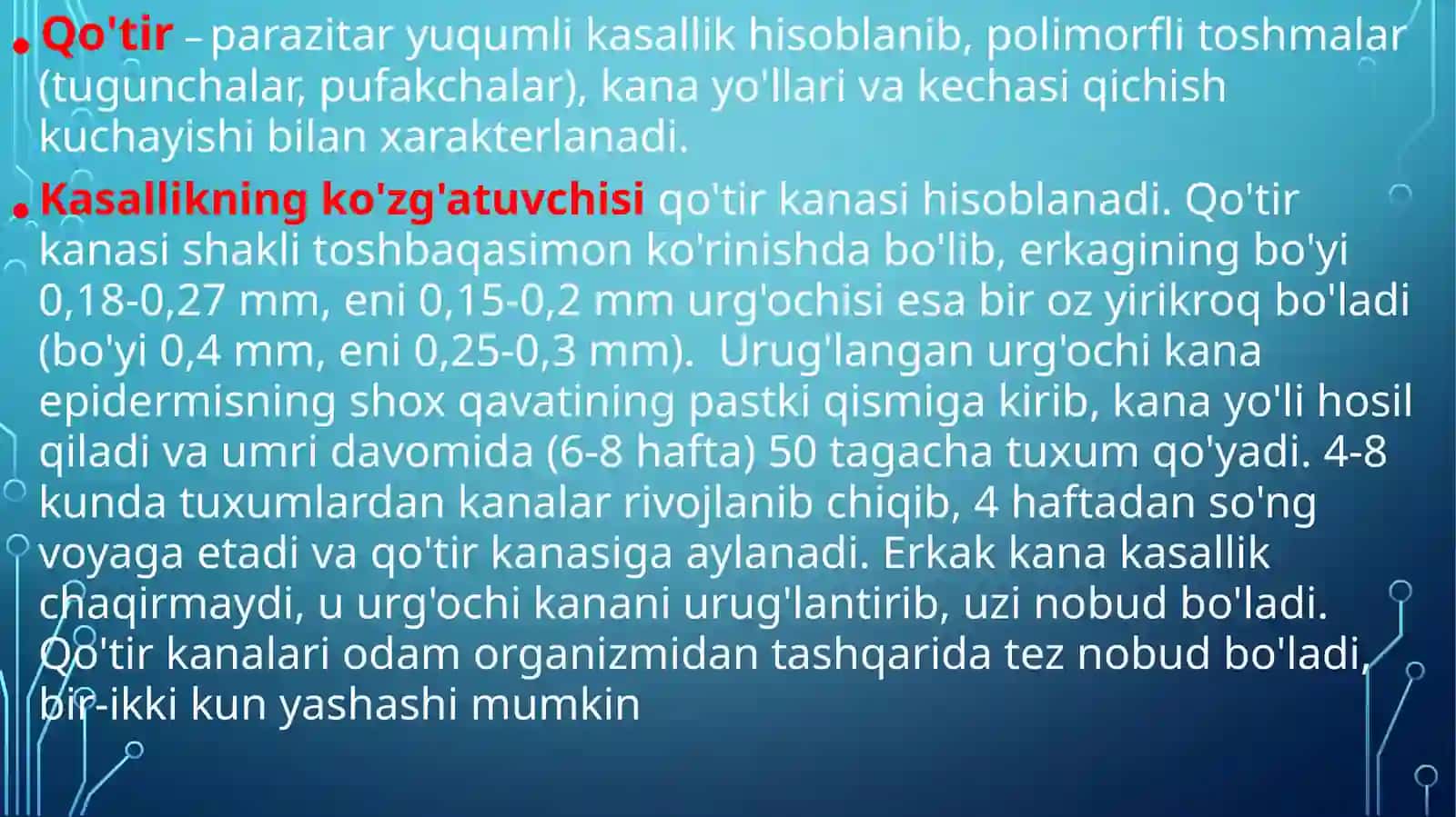 TERINING PARAZITAR KASALLIKLARI.			(QO’TIR, BITLASH) 2