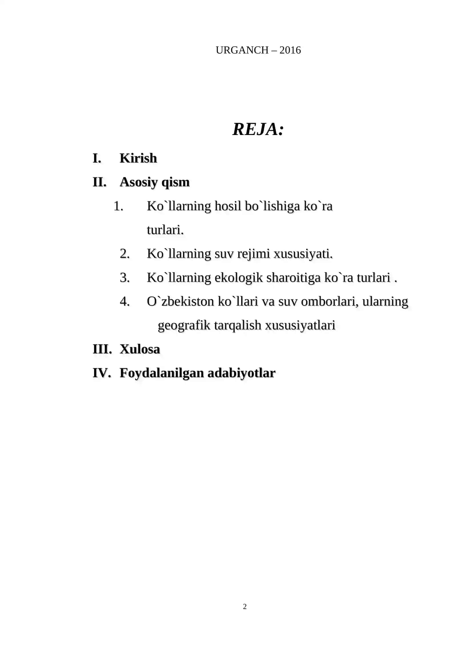 Ko’llar va SUV OMBORLARI, ularning XO’JALIKDAGI AHAMIYATI 2