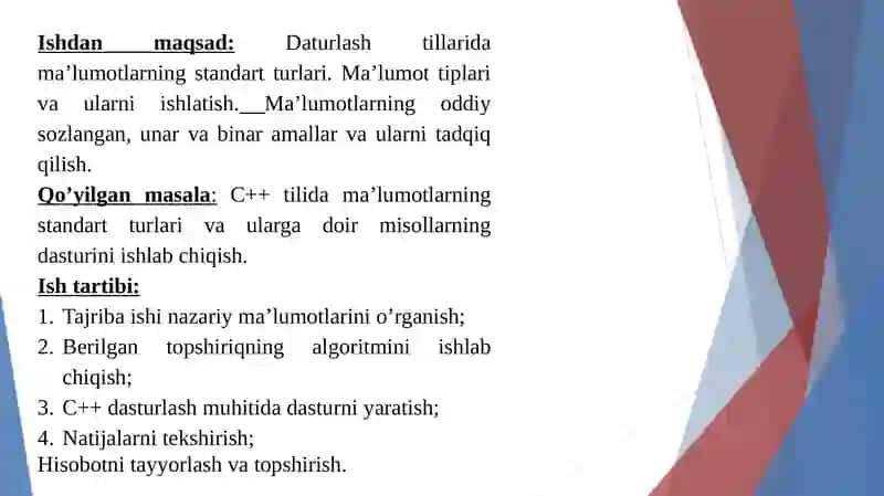 Dasturlash tillarida ma’lumotlarning standart turlari. Funksiyalarni amalga oshirish 2