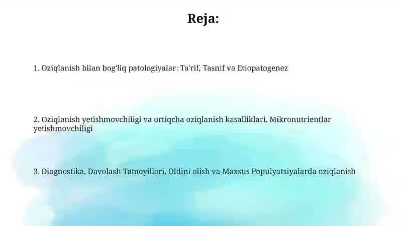 Ovqatlanish bilan bog'liq patalogiyalar (nutritsiologiya bo'yicha) 2