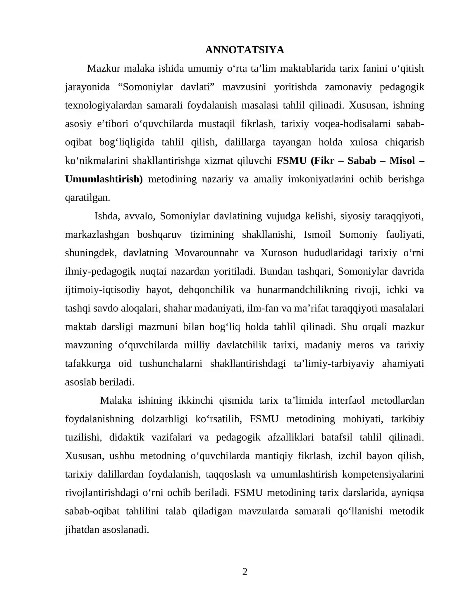 Somoniylar davlati mavzusini yoritishda FSMU metodidan foydalanish 2
