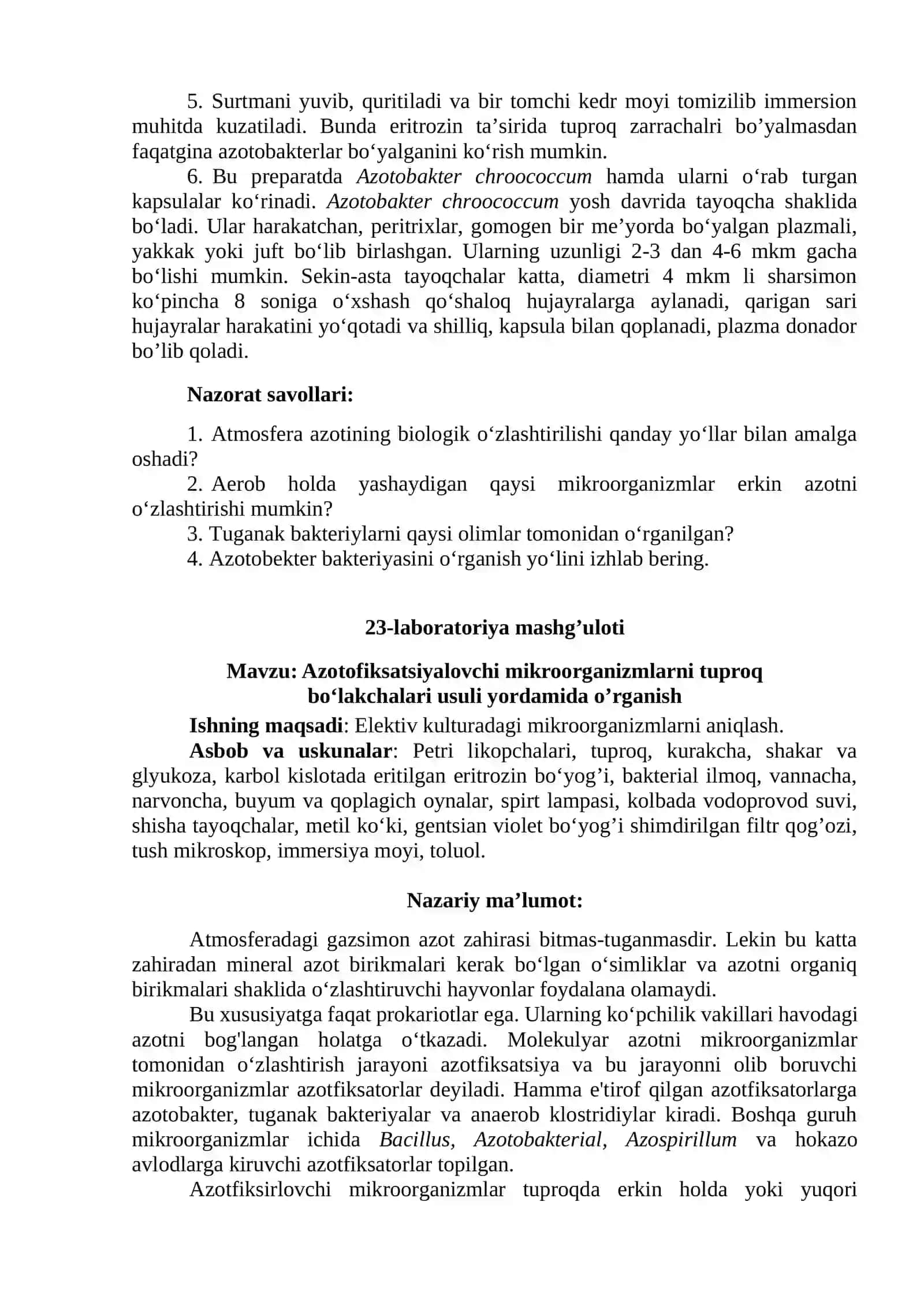 Aerob azotofiksator mikroorganizmlarning elektiv kulturasini tayyorlash 2