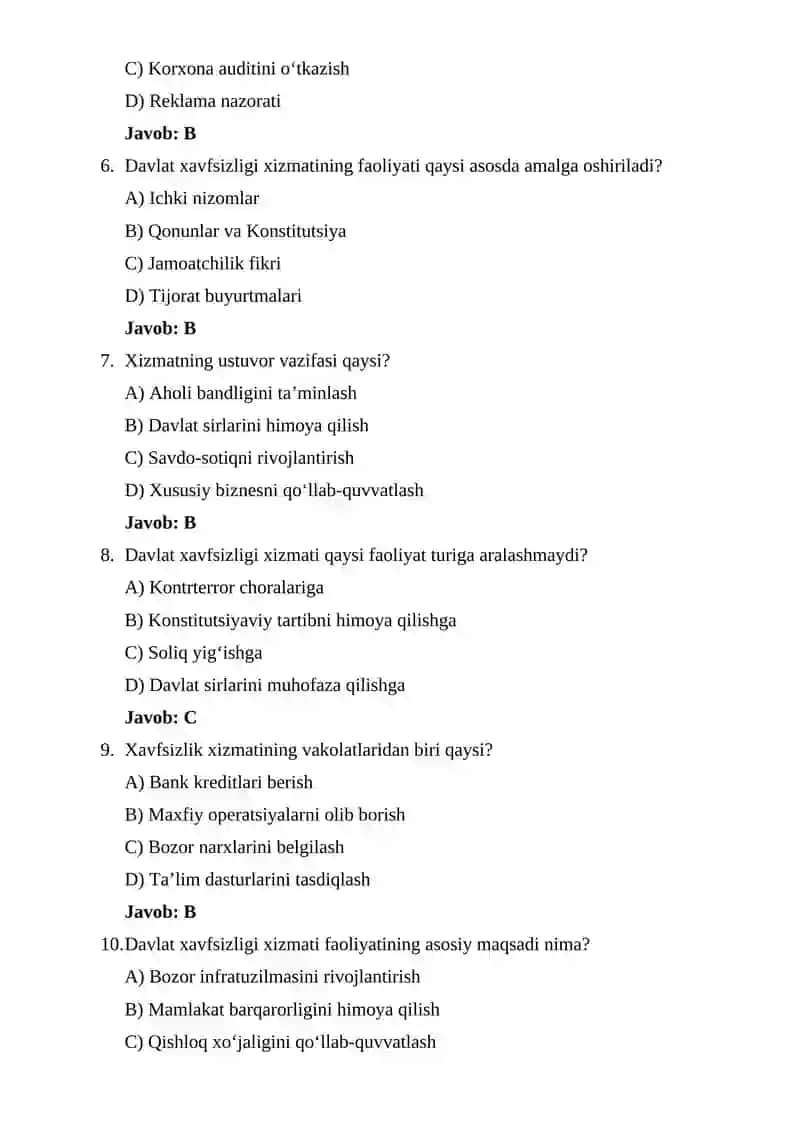 Davlat xavfsizligi xizmati Test savollari va javoblar 2