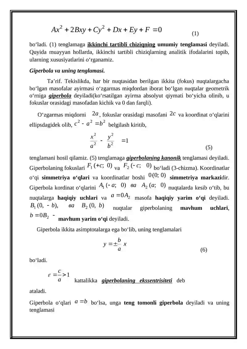 Ikkinchi tartibli egri chiziqlar. Giperbola, parabola 2