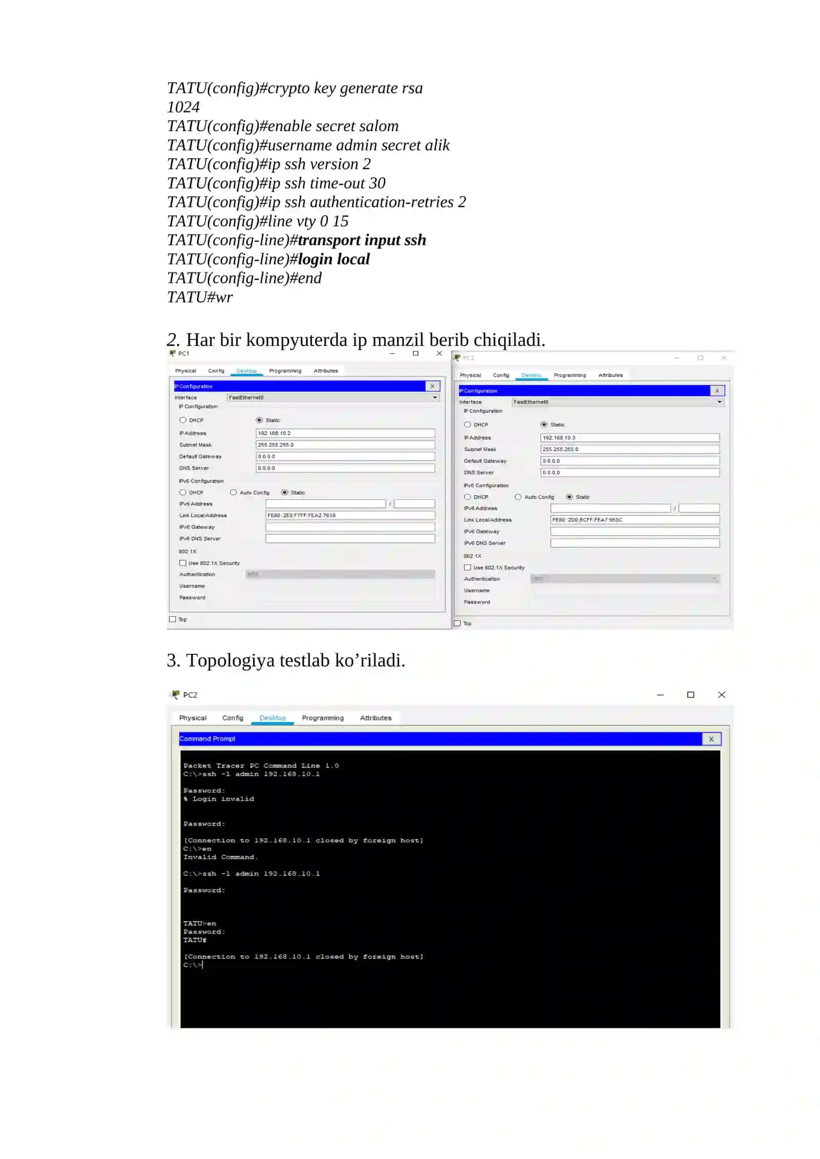 Tarmoq qurilmalarida dastlabki xavfsizlik sozlamalarini o’rnatish - telnet, ssh 2
