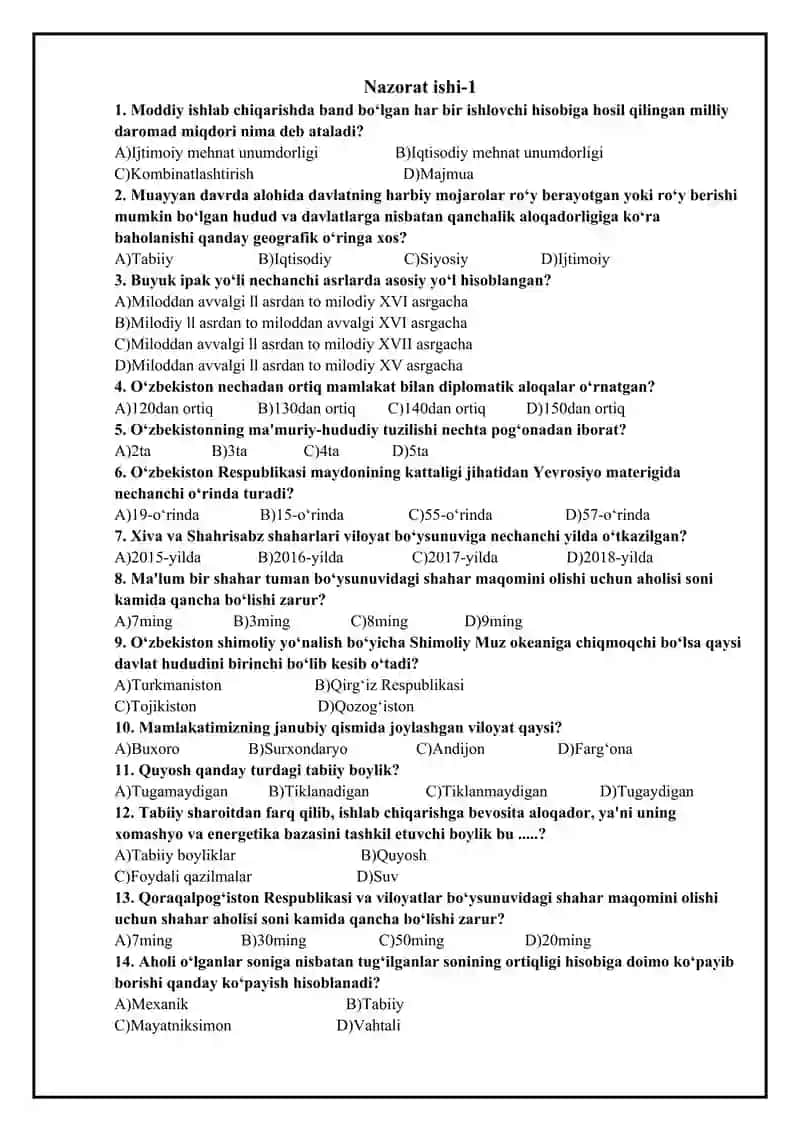 Geografiya fanidan 8-sinf nazorat ishi to`plami. 1-variant. 2