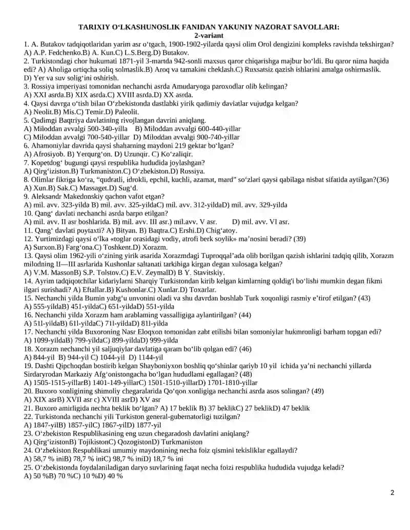 TARIXIY O‘LKASHUNOSLIK FANIDAN YAKUNIY NAZORAT SAVOLLARI 2
