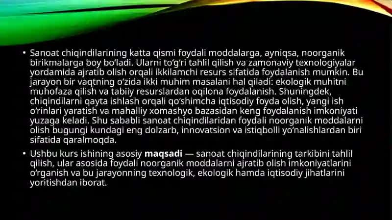 SANOAT CHIQINDILARIDAN FOYDALI NOORGANIK MODDALAR OLISH 2