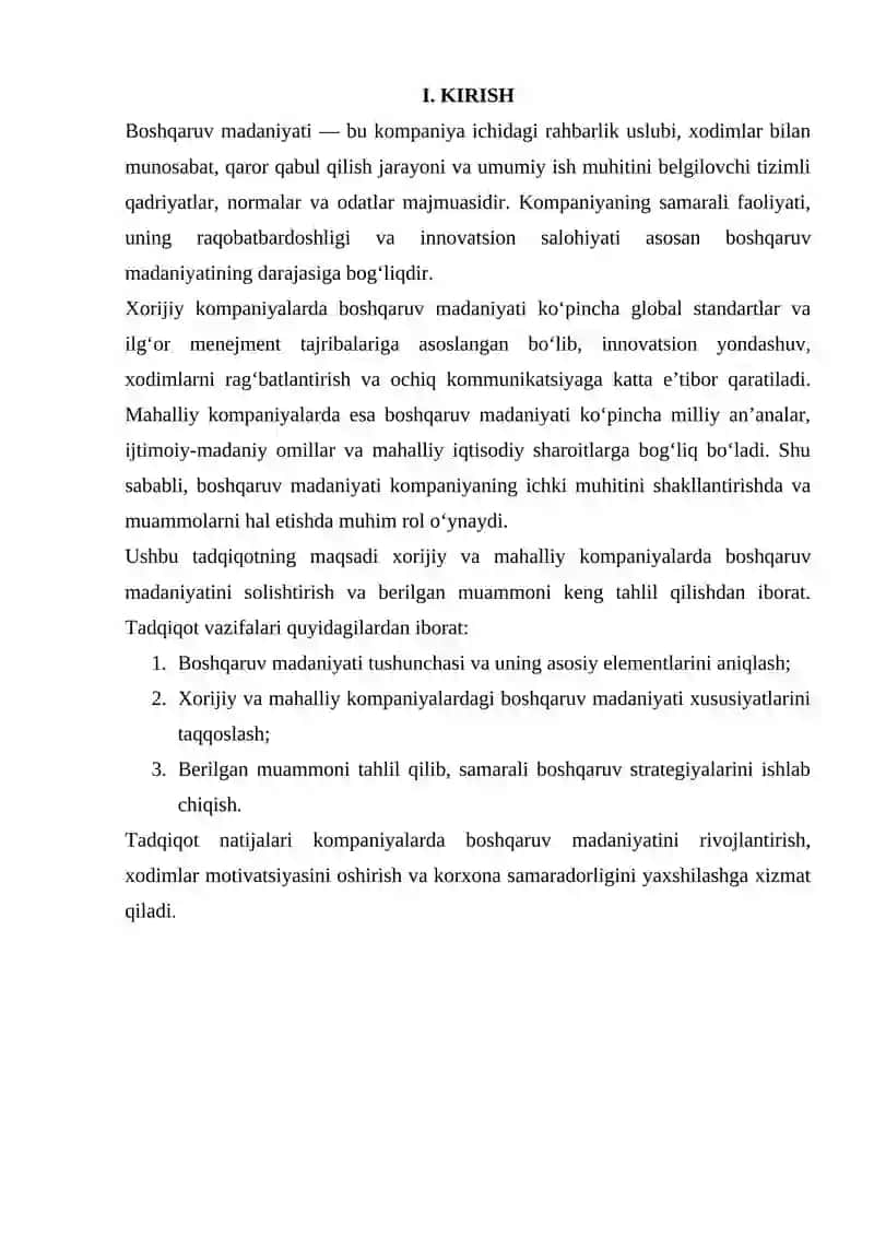 XORIJIY VA MAHLLIY KOMPANIYALARDA BOSHQARUV MADANIYATINI QIYOSLASH VA BERILGAN MUOMMONI KENG TAHLIL QILISH 2