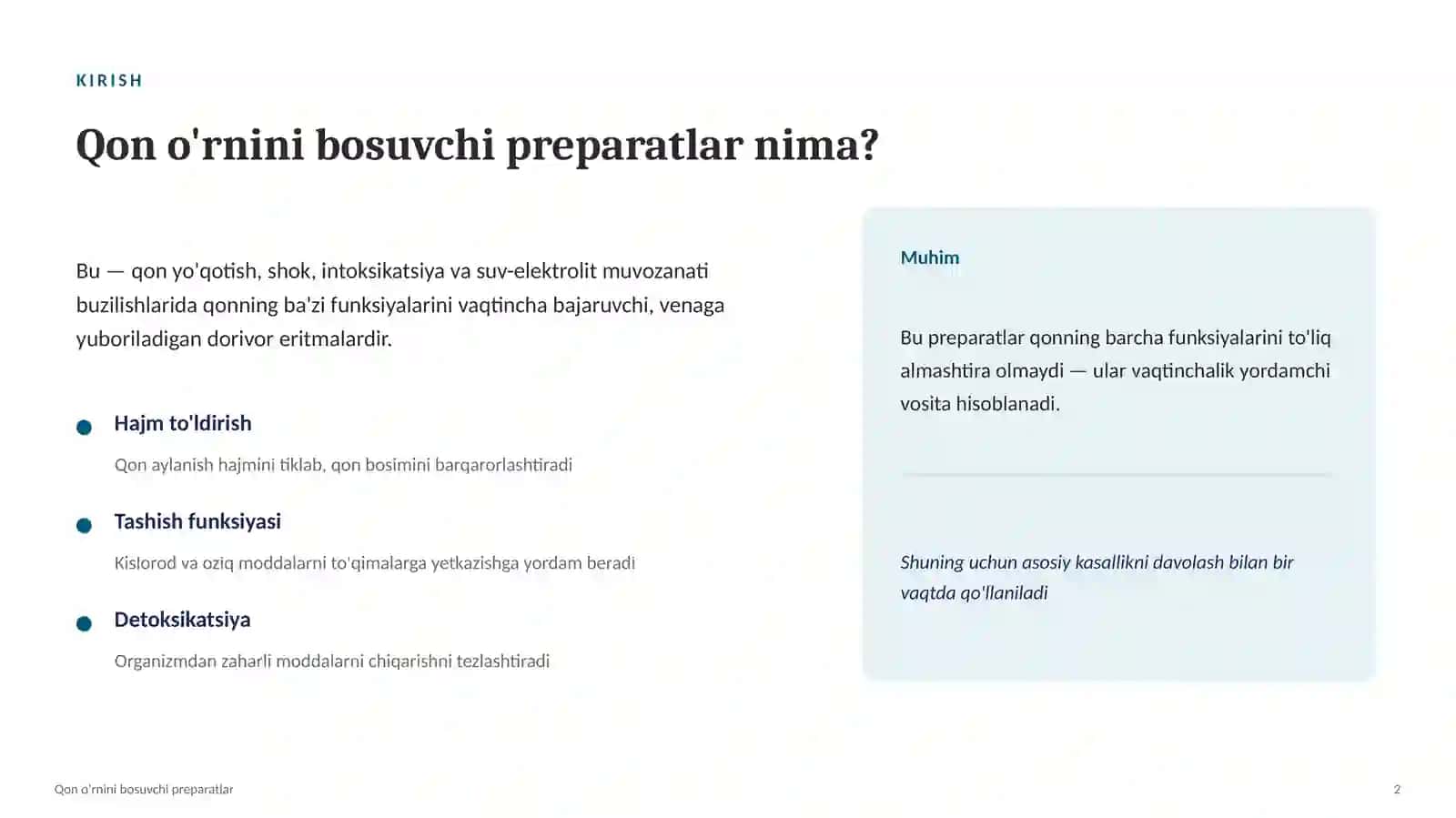 Qon o‘rnini bosuvchi preparatlar — turlari, tasnifi, ko‘rsatmalar, qarshi ko‘rsatmalar va qo‘llash p 2