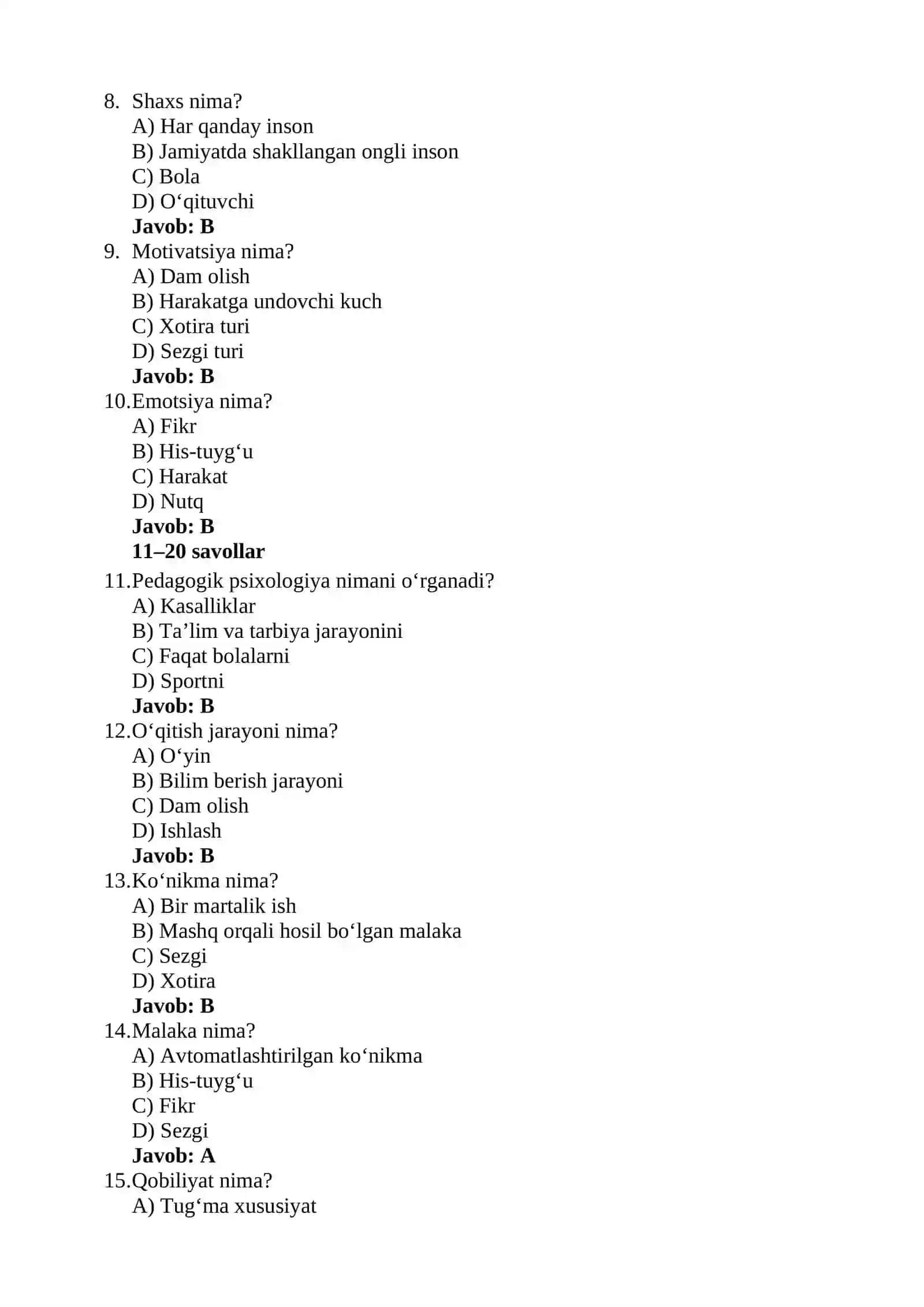 Maktab psixologi uchun 50 ta test 2