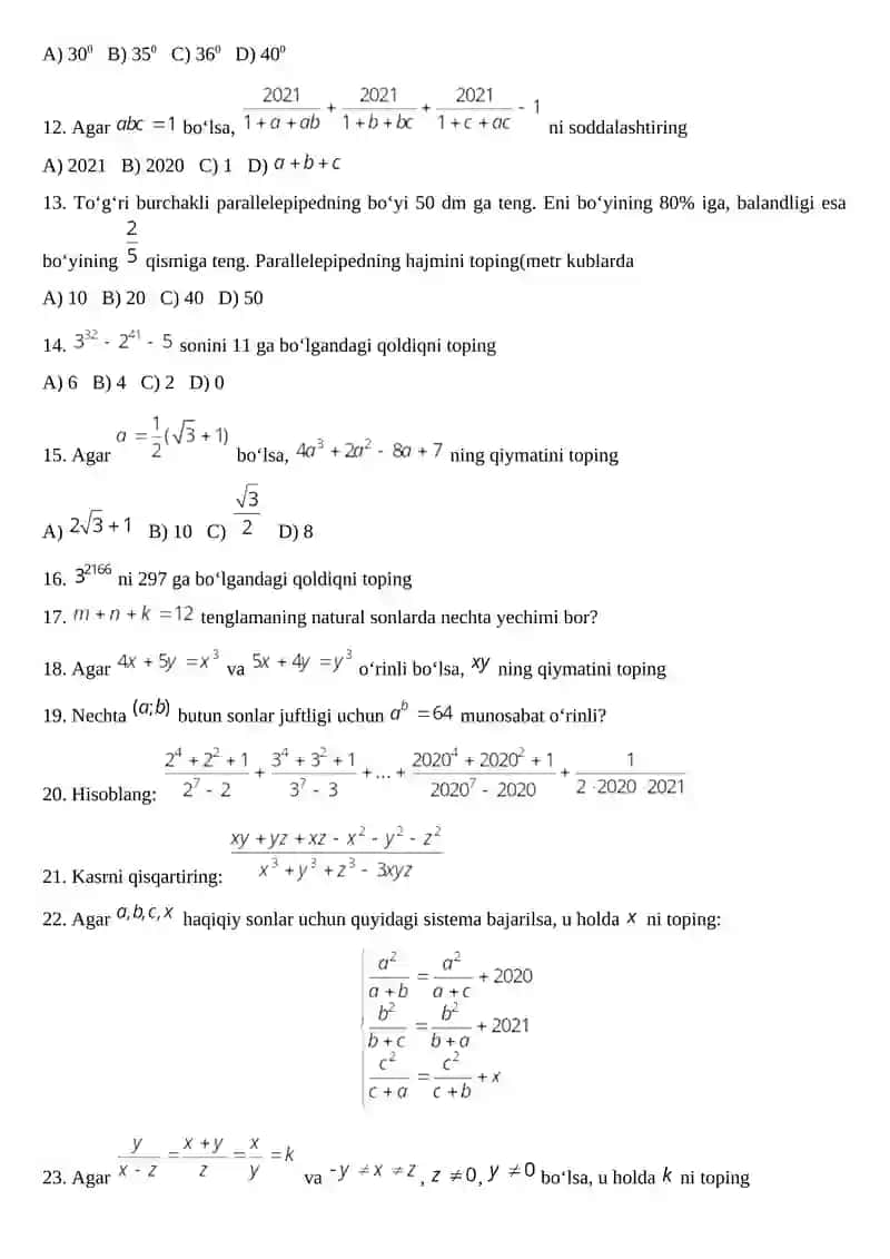 Matematikadan Al-Xorazmiy olimpiadasi uchun saralash testi(7-8-sinflar uchun) 2