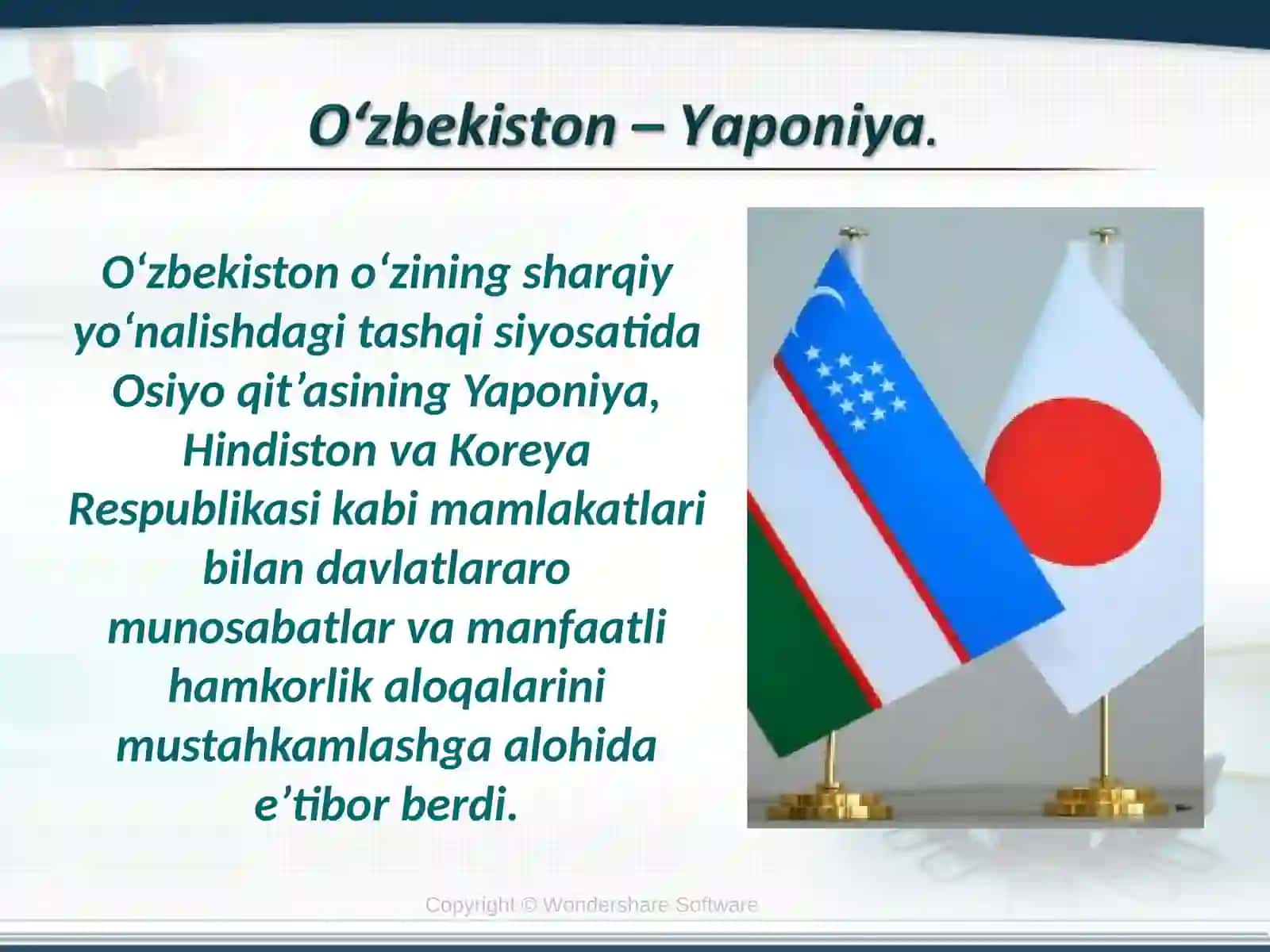 O‘zbekistonning Yaponiya Hindiston va Koreya Respublikasi bilan ikki tomonlama aloqalarining rivojlanishi 2