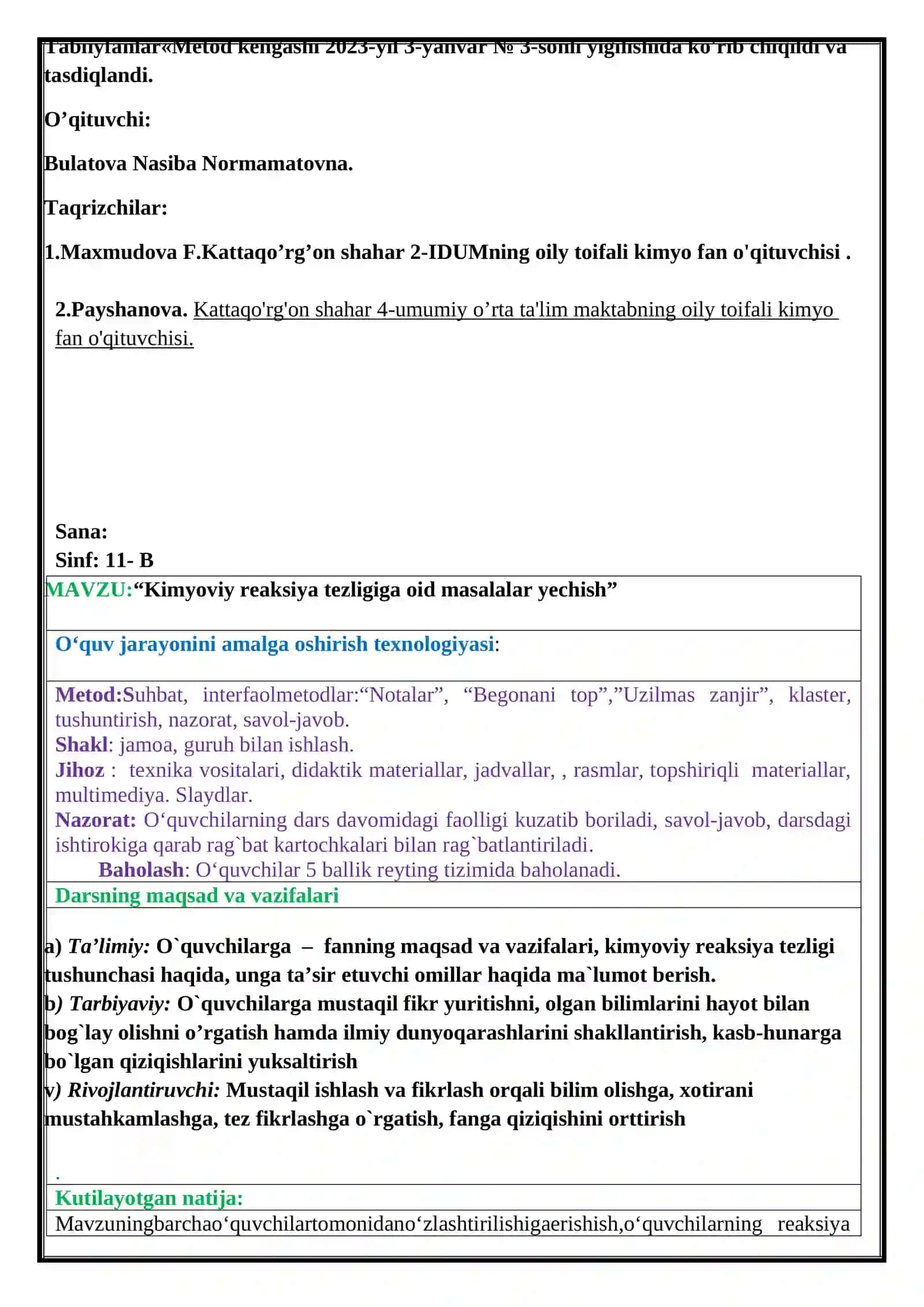 11-sinf Kimyo fanidan Kimyoviy reaksiya tezligiga doir masalalar yechish ish tajribasi 2
