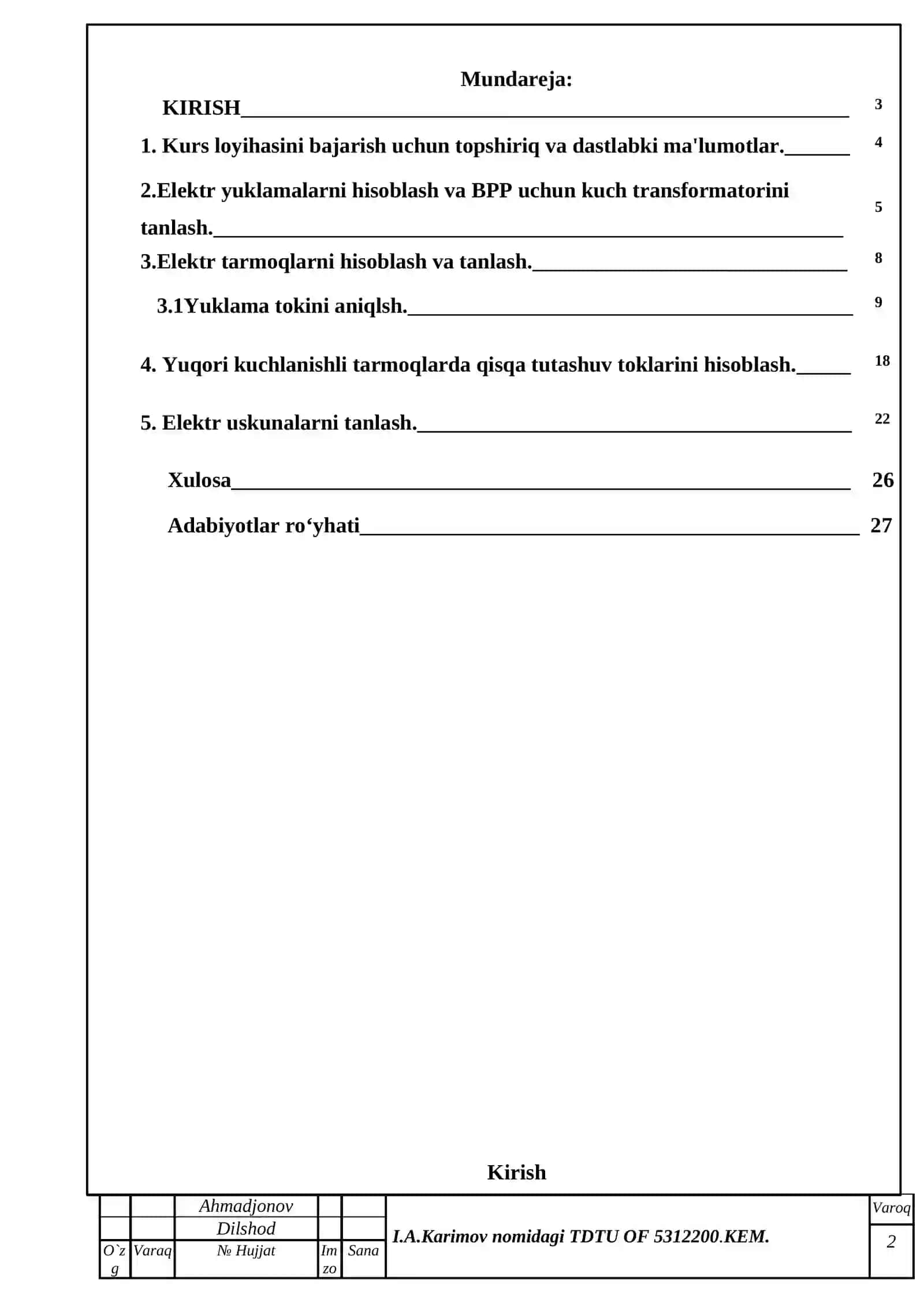 Kurs loyihasini bajarish uchun topshiriq va dastlabki ma'lumotlar 2