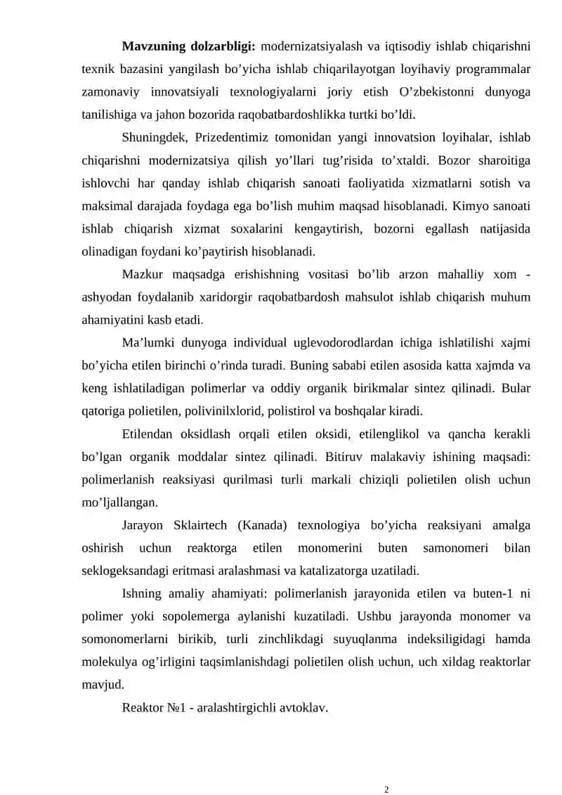 Sklertek texnologiyasi bo‘yicha F-Y240 markali polietilen ishlab chiqarishdagi reaktorlar bo‘limini loyixasi (Q=130000 t) 2