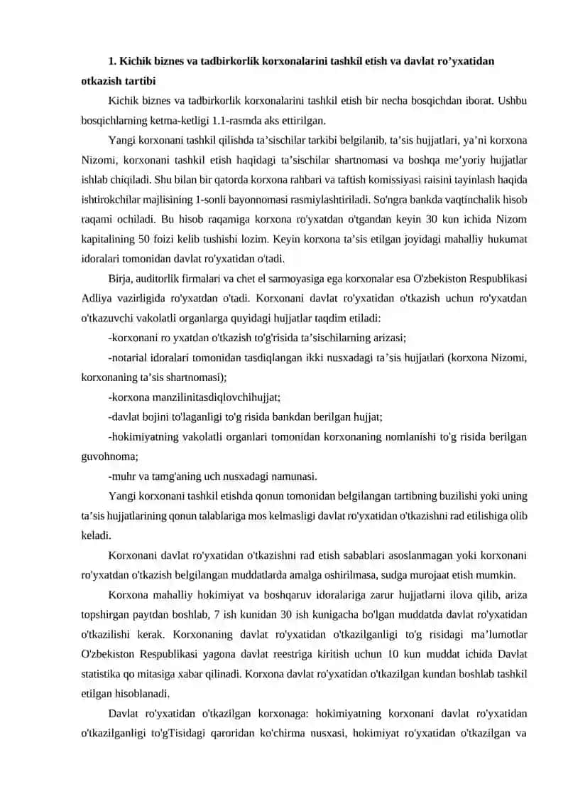 Kichik biznes va tadbirkorlik korxonalarini tashkil etish va davlat ro’yxatidan otkazish tartibi 2