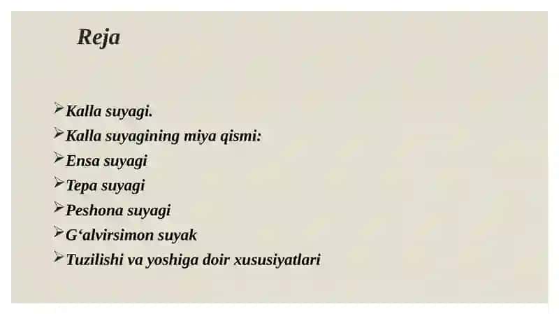 Kalla suyagi. Kalla suyagining miya qismi: ensa, tepa, peshona va g‘alvirsimon suyaklar. Tuzilishi va yoshiga xos xususiyatlari. 2