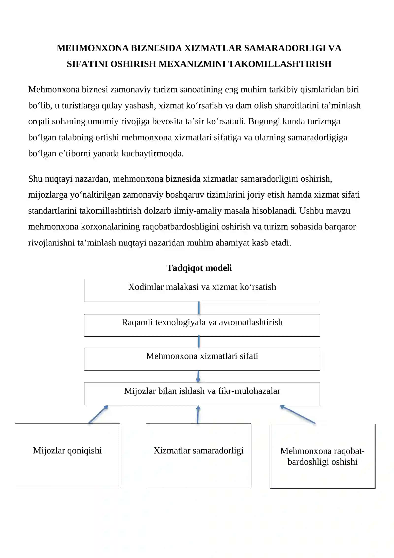 MEHMONXONA BIZNESIDA XIZMATLAR SAMARADORLIGI VA SIFATINI OSHIRISH MEXANIZMINI TAKOMILLASHTIRISH 2