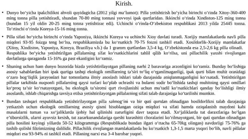 Pillachilikni rivojlantirishda yangi texnalogiyalar. 2.2 Ipak qurtini yetishtirish, boqish, oziqlantirish texnalogiyalari. 2.3 Pillachilikda klasterlarni tashkil etish.  2.4 Klasterlar naziyasi va pillachilik klasterlarining o’ziga hosligi 2
