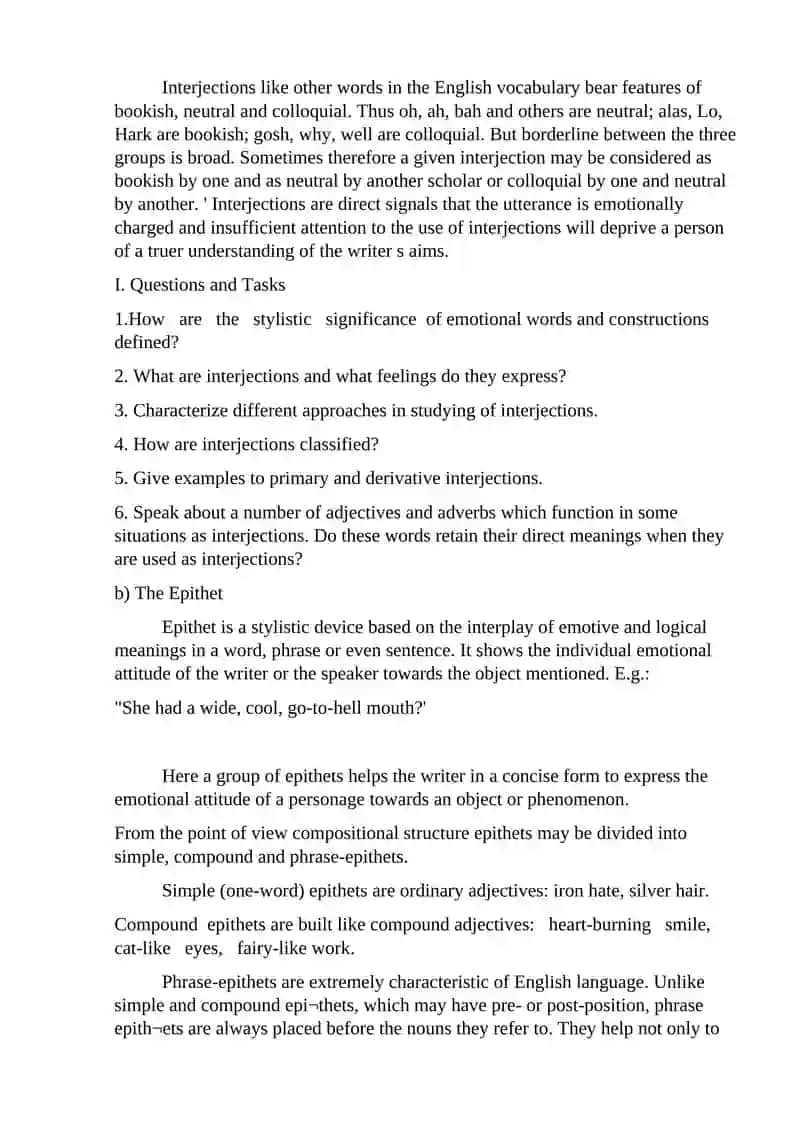Lecture 10: Interaction of Logical and Emotive Meanings: Interjections, Epithet, Oxymoron 2