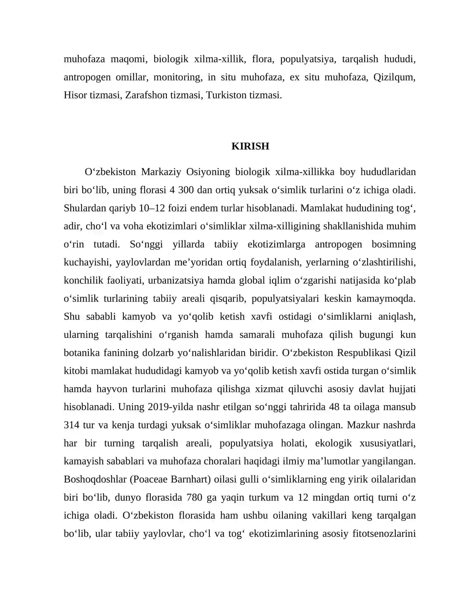 Boshoqdoshlar (Poasceae) oilasi noyob turlarining zamonaviy areali va maqomini taxlil qilish 2