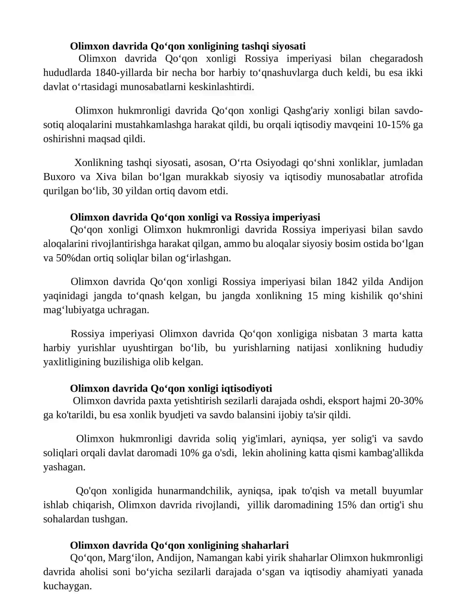 Olimxon hukmronligi davrida Qo'qon xonligi haqida 15.20 list bolsin 2