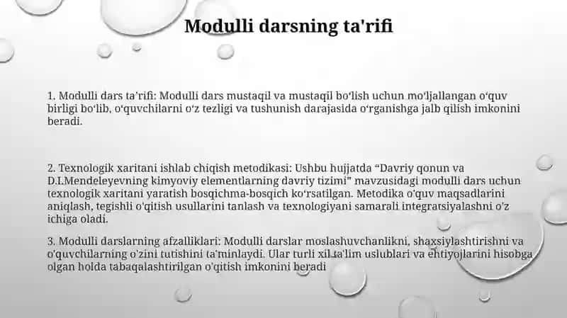 "Davriy Qonun Va D.I.Mendeleevning Kimyoviy Elementlar Davriy Sistemasi" Mavzusidagi Modulli Darsning Texnologik Xaritasini Ishlab Chiqish Metodikasi 2
