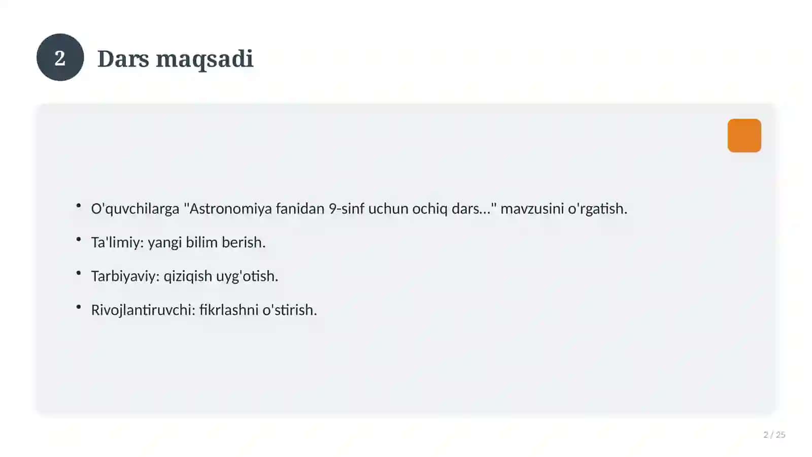 Astronomiya fanidan 9-sinf uchun ochiq dars ishlanmasi 2