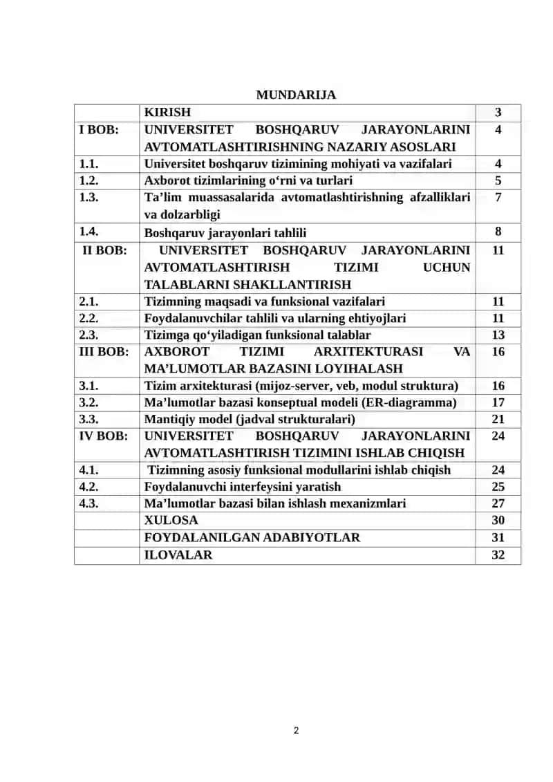 UNIVERSITET BOSHQARUV JARAYONLARINI AVTOMATLASHTIRISH TIZIMI UCHUN TALABLARNI SHAKLLANTIRISH 2