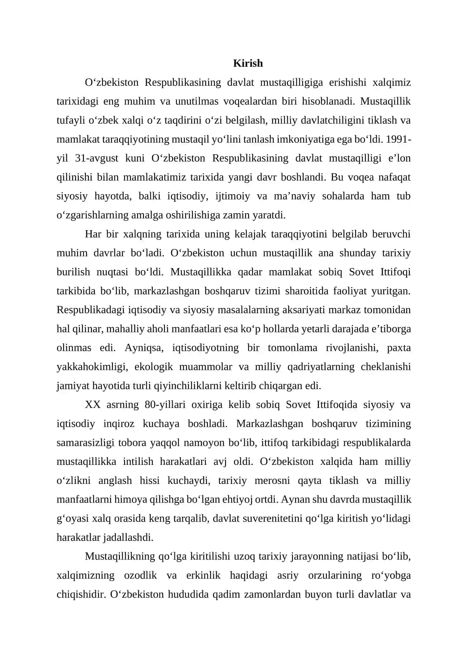 Mustaqil O’zbekiston Respublikasining tashkil topishi va uning tarixiy ahamiyati 2