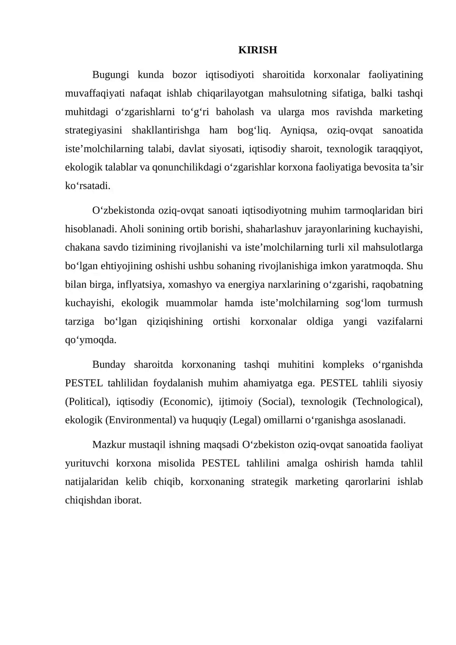 O'ZBEKISTON OZIQ OVQAT SANOATI KORHONASI MISOLIDA PESTEL TAHLILINI AMALGA OSHIRISH VA STRATEGIK MARKETING QARORLARINI ISHLAB CHIQISH 2