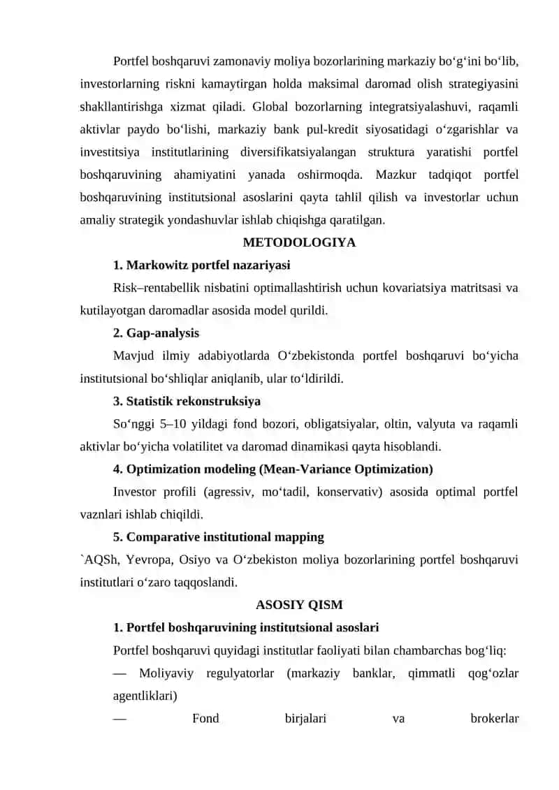 PORTFEL BOSHQARUVI: INSTITUTSIONAL, STRATEGIK VA ANALITIK YONDASHUVLAR 2