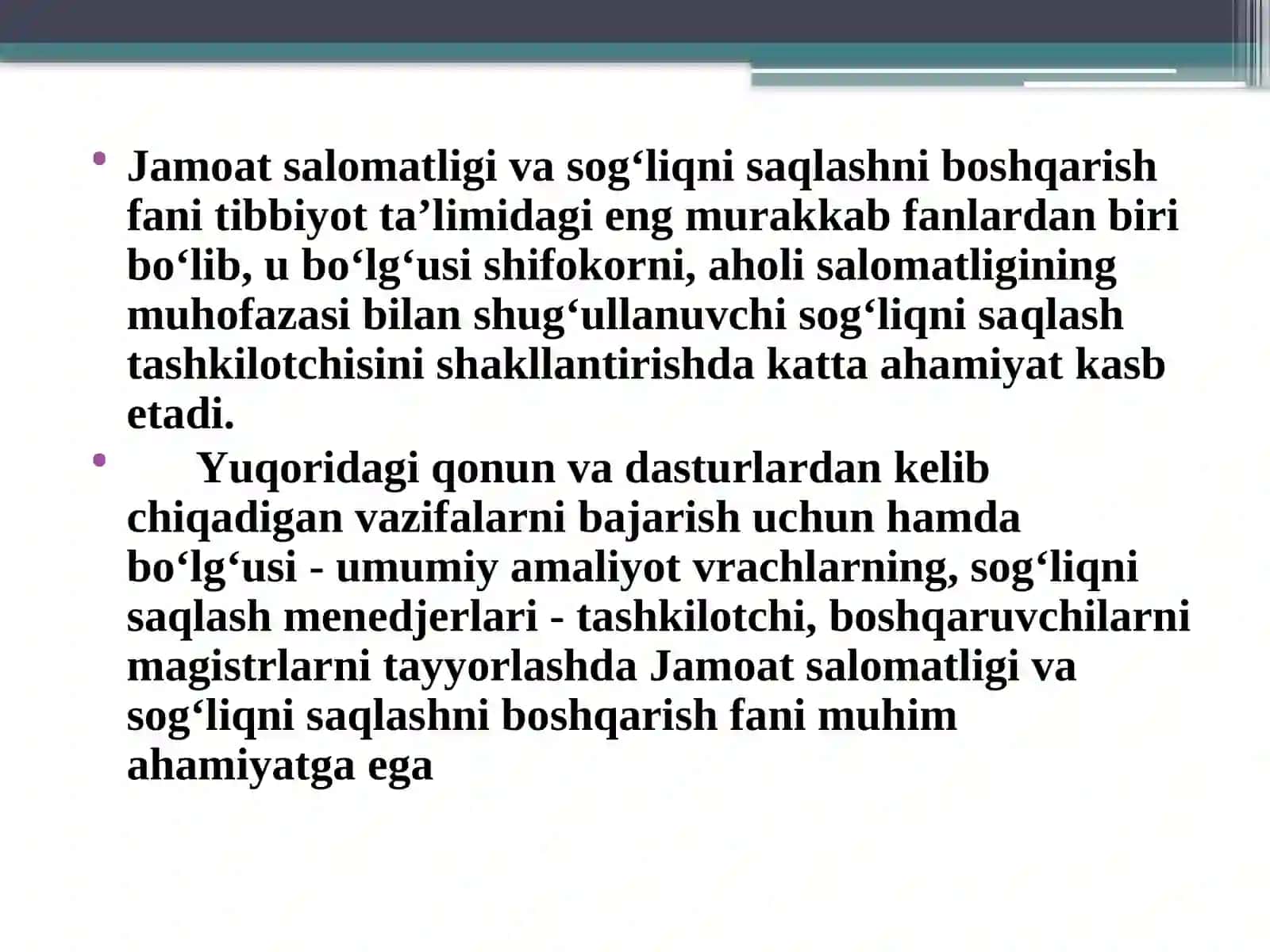 Jamoat salomatligi va sog`liqni saqlashni tashkil etish” faniga kirish. Tibbiyot statistikasi asoslari 2